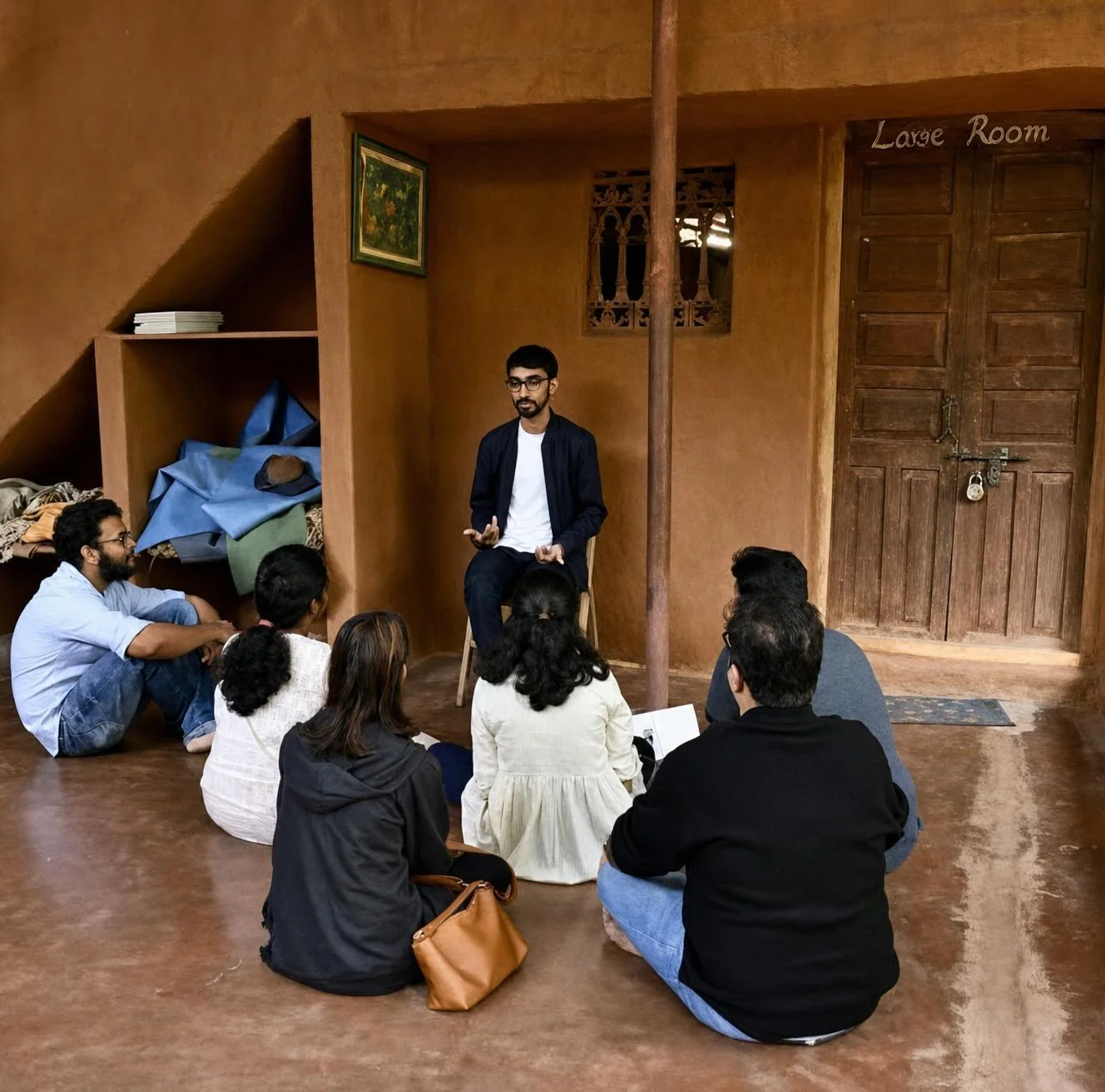 A speaker talks with participants seated in a circle during a reflection session.